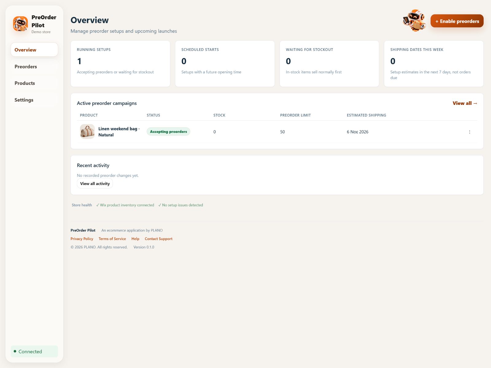 PreOrder Pilot for Wix Stores dashboard — Wix edition design preview · local demo